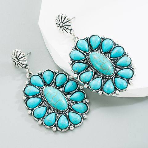 Fashion Oval Alloy Inlay Turquoise Drop Earrings