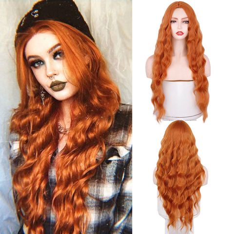 Women's Fashion Orange Casual Chemical Fiber Centre Parting Long Curly Hair Wigs