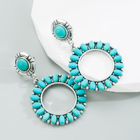 1 Pair Retro Ethnic Style Round Plating Inlay Alloy Turquoise Drop Earrings