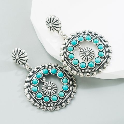 1 Pair Retro Ethnic Style Geometric Round Plating Inlay Alloy Turquoise Drop Earrings