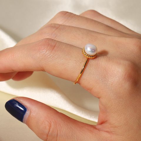 Retro Geometrisch Rostfreier Stahl Offener Ring Inlay Künstliche Perlen Edelstahl Ringe