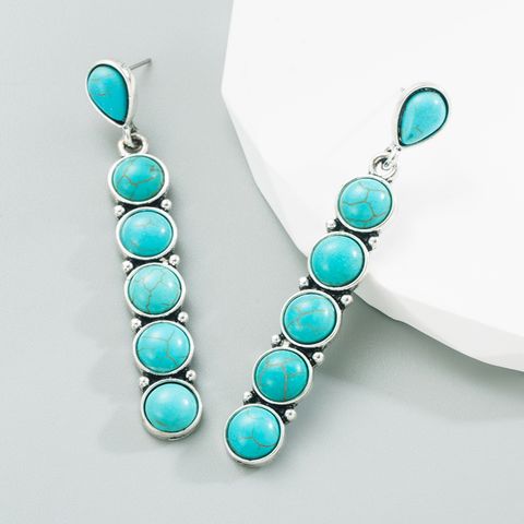 Fashion Round Alloy Inlay Turquoise Drop Earrings