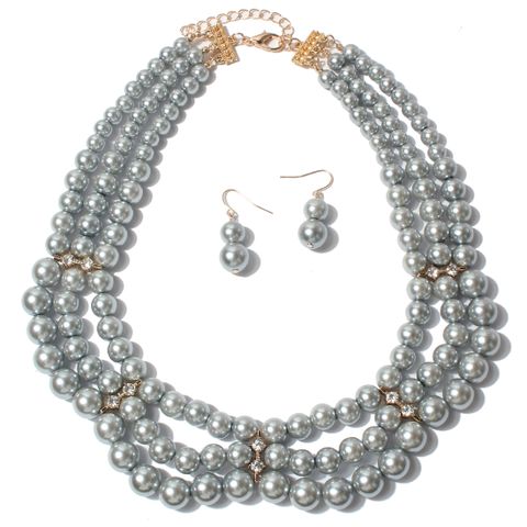 Elegant Geometric Imitation Pearl Beaded Layered Pearl Necklace