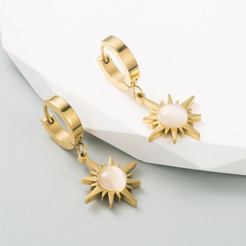 Fashion Pentagram Sun Titanium Steel Earrings Stoving Varnish Plating Artificial Gemstones Stainless Steel Earrings