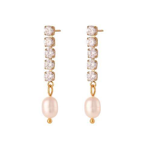 Elegant Square Inlay Stainless Steel Artificial Pearls Zircon Gold Plated Earrings