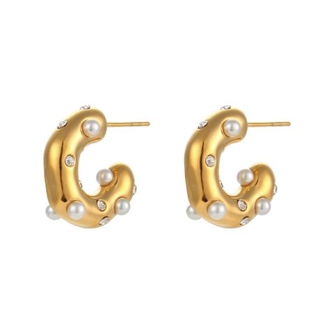 Elegant C Shape Inlay Stainless Steel Artificial Pearls Zircon Earrings