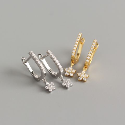 Fashion Flower Silver Earrings Inlay Rhinestones 925 Silver Earrings