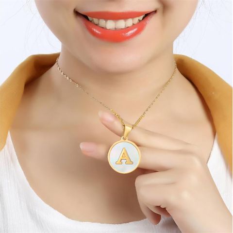 Simple Style Round Letter Stainless Steel Pendant Necklace Gold Plated Shell Stainless Steel Necklaces