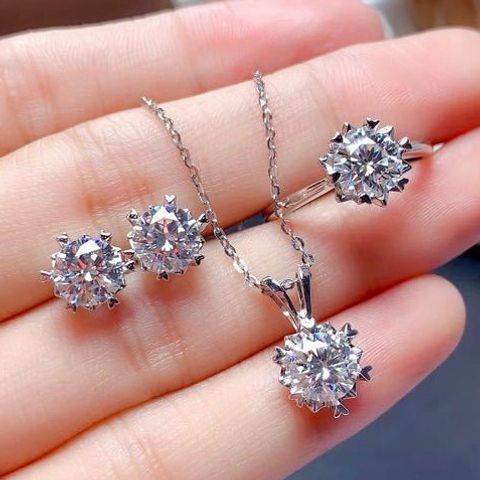 Fashion Round Copper Inlay Artificial Diamond Rings Earrings Necklace