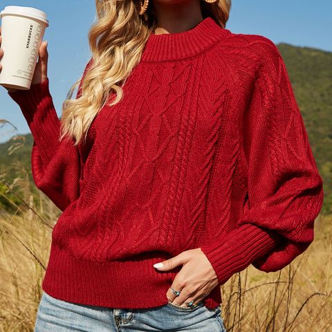 Fashion Solid Color Acrylic Turtleneck Long Sleeve Bishop Sleeve Patchwork Sweater