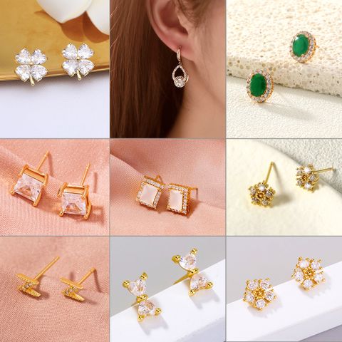 Fashion Four Leaf Clover Letter Flower Copper Ear Studs Inlay Zircon Copper Earrings 1 Pair