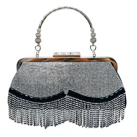 Black Gold Silver Pu Leather Solid Color Rhinestone Square Tassel Evening Bags