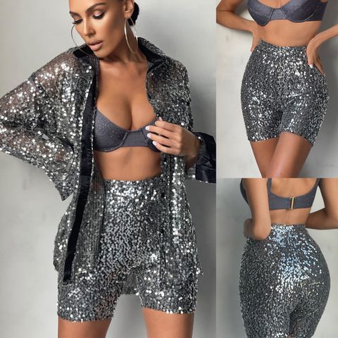 Women's Fashion Solid Color Polyester Sequins Shorts Sets