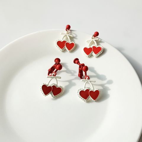 Sweet Cherry Heart Shape Alloy Enamel Drop Earrings