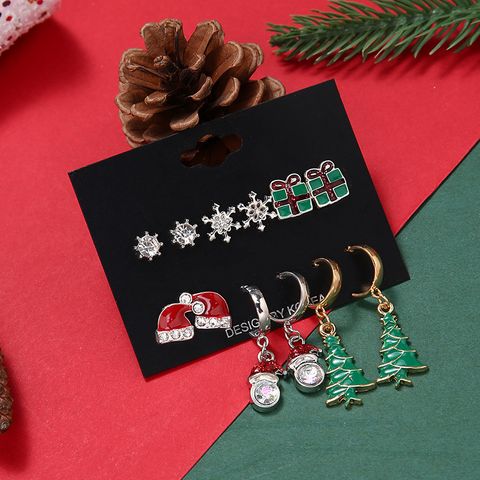 Cute Christmas Hat Christmas Tree Snowflake Alloy Enamel Plating Inlay Rhinestones Drop Earrings Ear Studs 1 Set