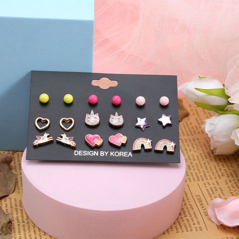 Cute Rainbow Heart Shape Cat Alloy Enamel Plating Ear Studs 1 Set