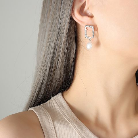 Fashion Square Titanium Steel Earrings Pearl Plating Stainless Steel Earrings
