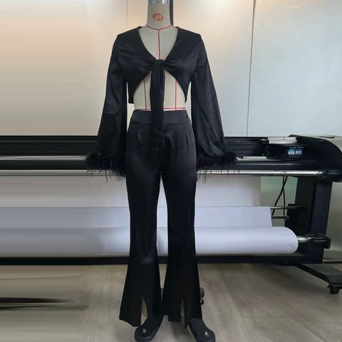 Women's Sexy Solid Color Polyester Patchwork Feather Pants Sets