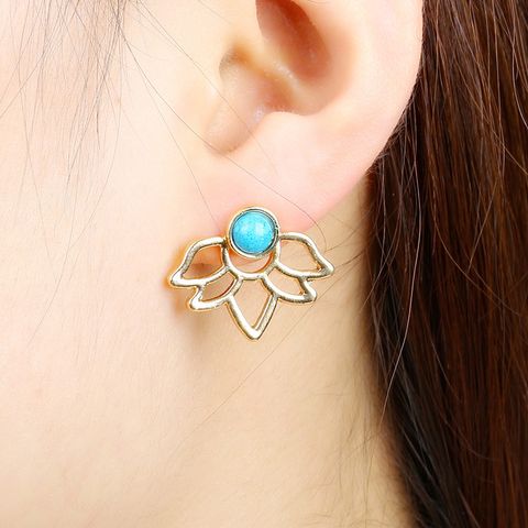 Retro Flower Alloy Inlay Turquoise Women's Ear Studs