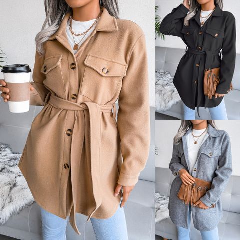 Casual Solid Color Pocket Polyester Single Breasted Coat