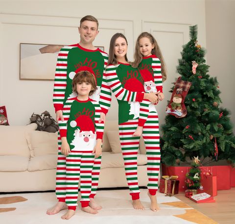 Fashion Santa Claus Stripe Cotton Printing Pants Sets Casual Pants Hoodie Family Matching Outfits