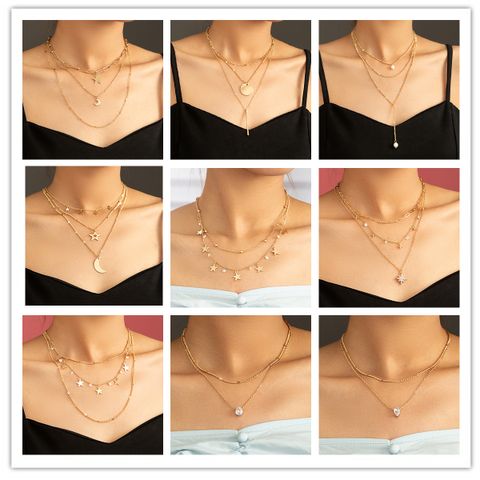 Fashion Star Moon Copper Hollow Out Zircon Layered Necklaces 1 Piece