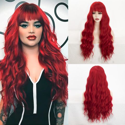 Women's Elegant Wine Red Party High Temperature Wire Long Bangs Long Curly Hair Wigs