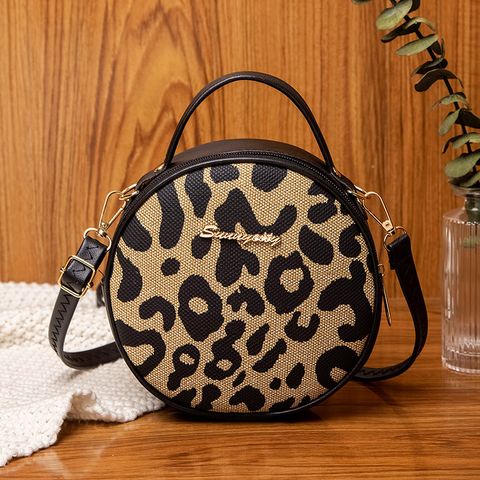 Women's Small Pu Leather Leopard Streetwear Round Zipper Handbag