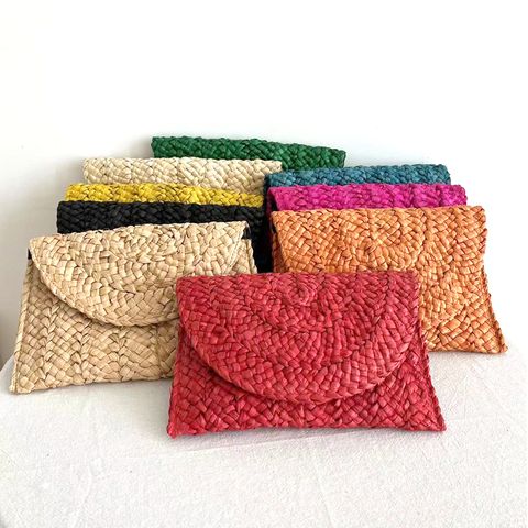 Yellow Red Green Straw Solid Color Square Weave Evening Bags
