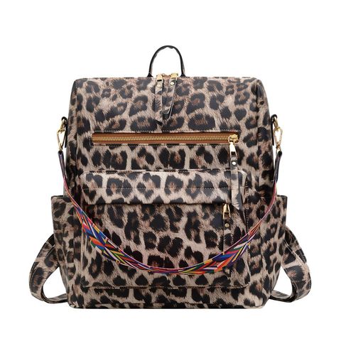 Women's Large All Seasons Pu Leather Plaid Leopard Streetwear Square Zipper Fashion Backpack