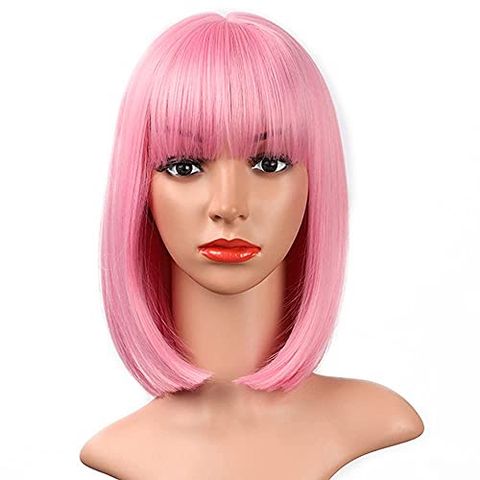 Women's Fashion Pink Purple Black Party High Temperature Wire Bangs Short Straight Hair Wigs