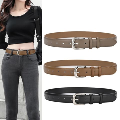 Casual Square Solid Color Two-layer Cowhide Alloy Leather Alloy Buckle Belt