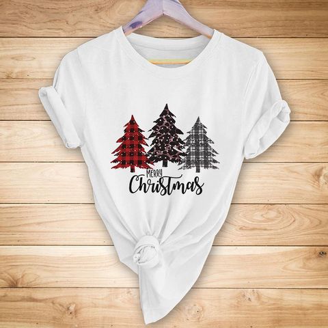 Christmas Christmas Tree Milk Fiber Round Neck Short Sleeve Regular Sleeve Printing T-shirt