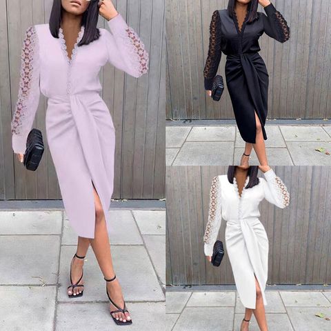 Women's Sheath Dress Fashion V Neck Lace Long Sleeve Solid Color Knee-length Daily