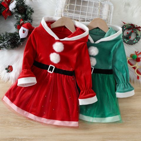 Christmas Princess Color Block Patchwork Polyester Girls Dresses