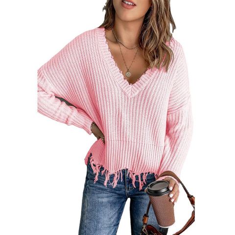 Fashion Solid Color Polyester V Neck Long Sleeve Regular Sleeve Tassel Sweater
