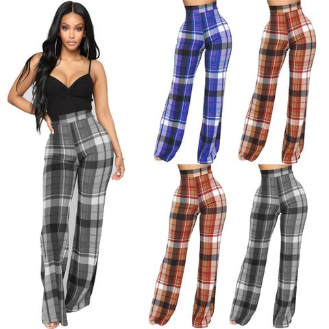 Women's Daily Casual Plaid Full Length Patchwork Wide Leg Pants