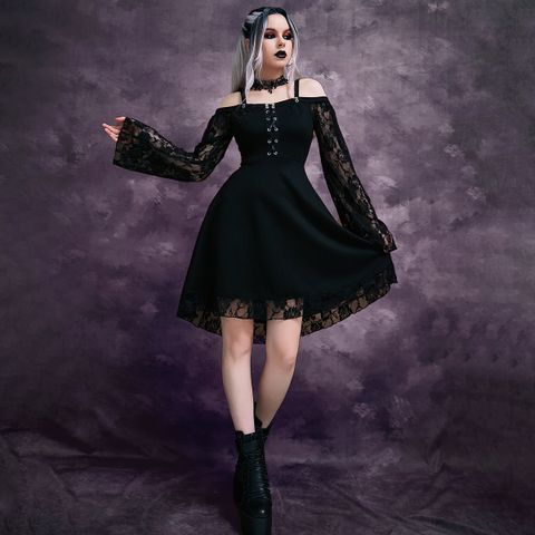 Women's Princess Dress Gothic Boat Neck Patchwork Long Sleeve Solid Color Above Knee Party