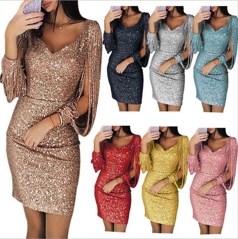 Women'S Sequin Dress Fashion V Neck Patchwork Long Sleeve Solid Color Above Knee Formal