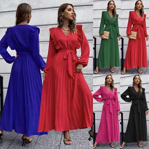 Women's Regular Dress Fashion V Neck Long Sleeve Solid Color Maxi Long Dress