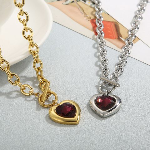 Fashion Heart Shape Titanium Steel Plating Inlay Glass Pendant Necklace 1 Piece