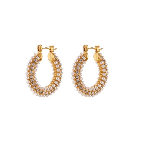 1 Pair Fashion U Shape Plating Inlay Stainless Steel Pearl Zircon Gold Plated Hoop Earrings