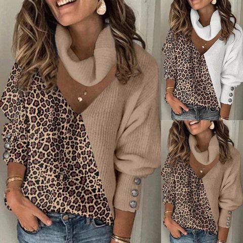 Women's Knitwear Long Sleeve Sweaters & Cardigans Printing Patchwork Button Fashion Leopard