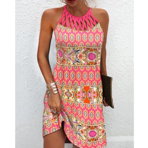 Women's A-line Skirt Vintage Style Halter Neck Hollow Out Sleeveless Printing Knee-length Daily