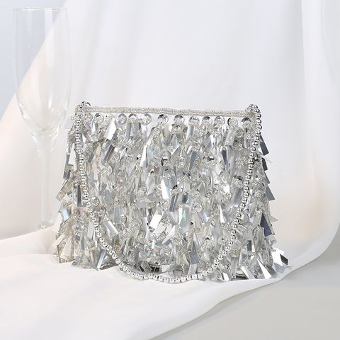 White Black Silver Polyester Solid Color Beading Tassel Square Evening Bags