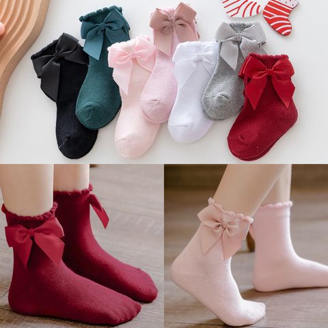 Girl's Cute Solid Color Bow Knot Cotton Ankle Socks 1 Set