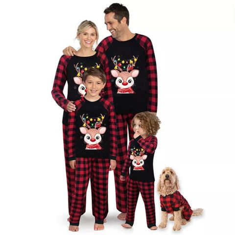 Casual Plaid Deer Polyester Pants Sets Casual Pants Family Matching Outfits