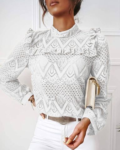 Women's Blouse Long Sleeve Blouses Patchwork Hollow Out Fashion Solid Color