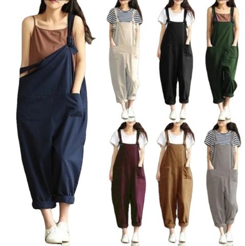 Women's Daily Casual Solid Color Ankle-length Washed Overalls