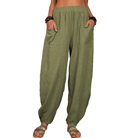 Casual Solid Color Cotton And Linen Ankle-length Casual Pants